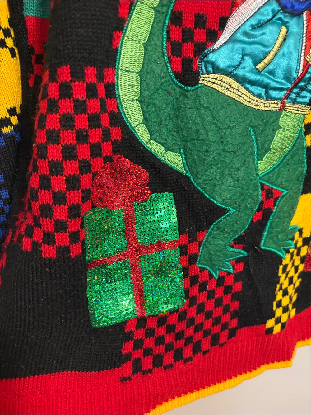 Ugly Christmas Dino Patch Multicolor Checker Sweater - Picture 2 of 11